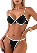 Women's Underwire Thong Bikini Set Push Up Swimsuit Contrast Binding Two Piece Bathing Suit