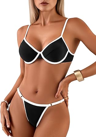 Women's Underwire Thong Bikini Set Push Up Swimsuit Contrast Binding Two Piece Bathing Suit