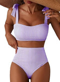 Women's Tie Shoulder Bikini Sets 2 Piece Striped Swimsuits High Waisted Bathing Suits
