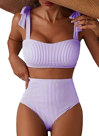Women's Tie Shoulder Bikini Sets 2 Piece Striped Swimsuits High Waisted Bathing Suits