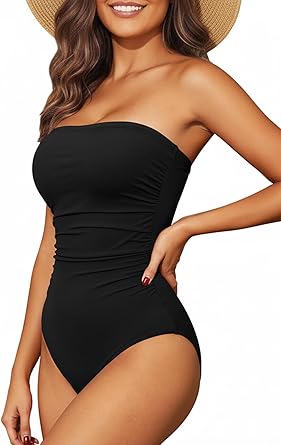 Women Tummy Control One Piece Swimsuits Strapless Bandeau Bathing Suits Slimming Halter Swimwear
