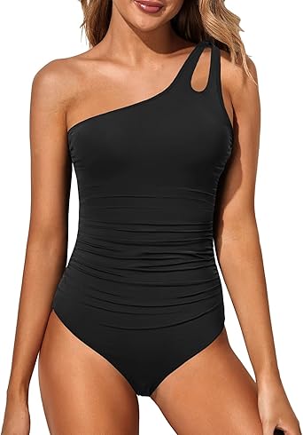 One Shoulder One Piece Swimsuit for Women Tummy Control Bathing Suits Modest Full Coverage Keyhole Swimwear
