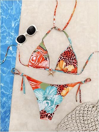 Women's 2 Piece Leopard Floral Bikini Sets Halter Triangle String Bathing Suit Starfish Metal Swimsuits