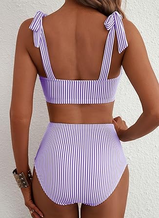 Women's Tie Shoulder Bikini Sets 2 Piece Striped Swimsuits High Waisted Bathing Suits
