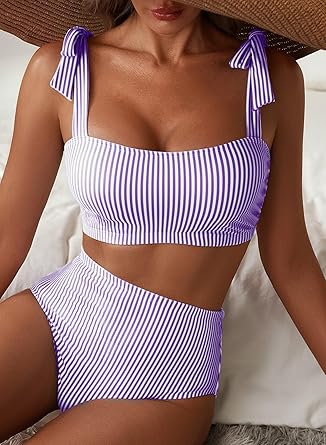 Women's Tie Shoulder Bikini Sets 2 Piece Striped Swimsuits High Waisted Bathing Suits