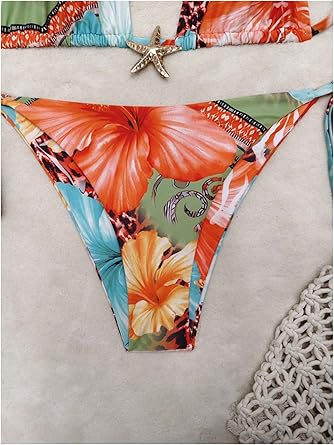 Women's 2 Piece Leopard Floral Bikini Sets Halter Triangle String Bathing Suit Starfish Metal Swimsuits