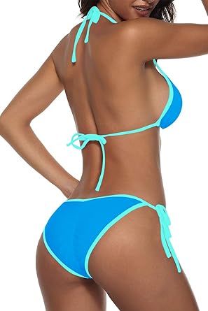 Women Two Piece Swimsuit Color Block Swimwear Halter String Triangle Bikini Sets