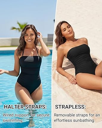 Women Tummy Control One Piece Swimsuits Strapless Bandeau Bathing Suits Slimming Halter Swimwear