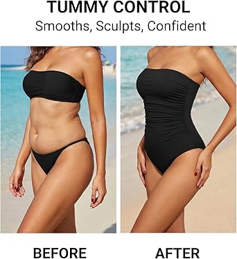 Women Tummy Control One Piece Swimsuits Strapless Bandeau Bathing Suits Slimming Halter Swimwear
