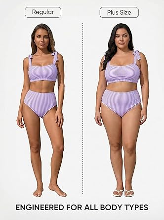 Women's Tie Shoulder Bikini Sets 2 Piece Striped Swimsuits High Waisted Bathing Suits