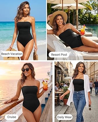Women Tummy Control One Piece Swimsuits Strapless Bandeau Bathing Suits Slimming Halter Swimwear